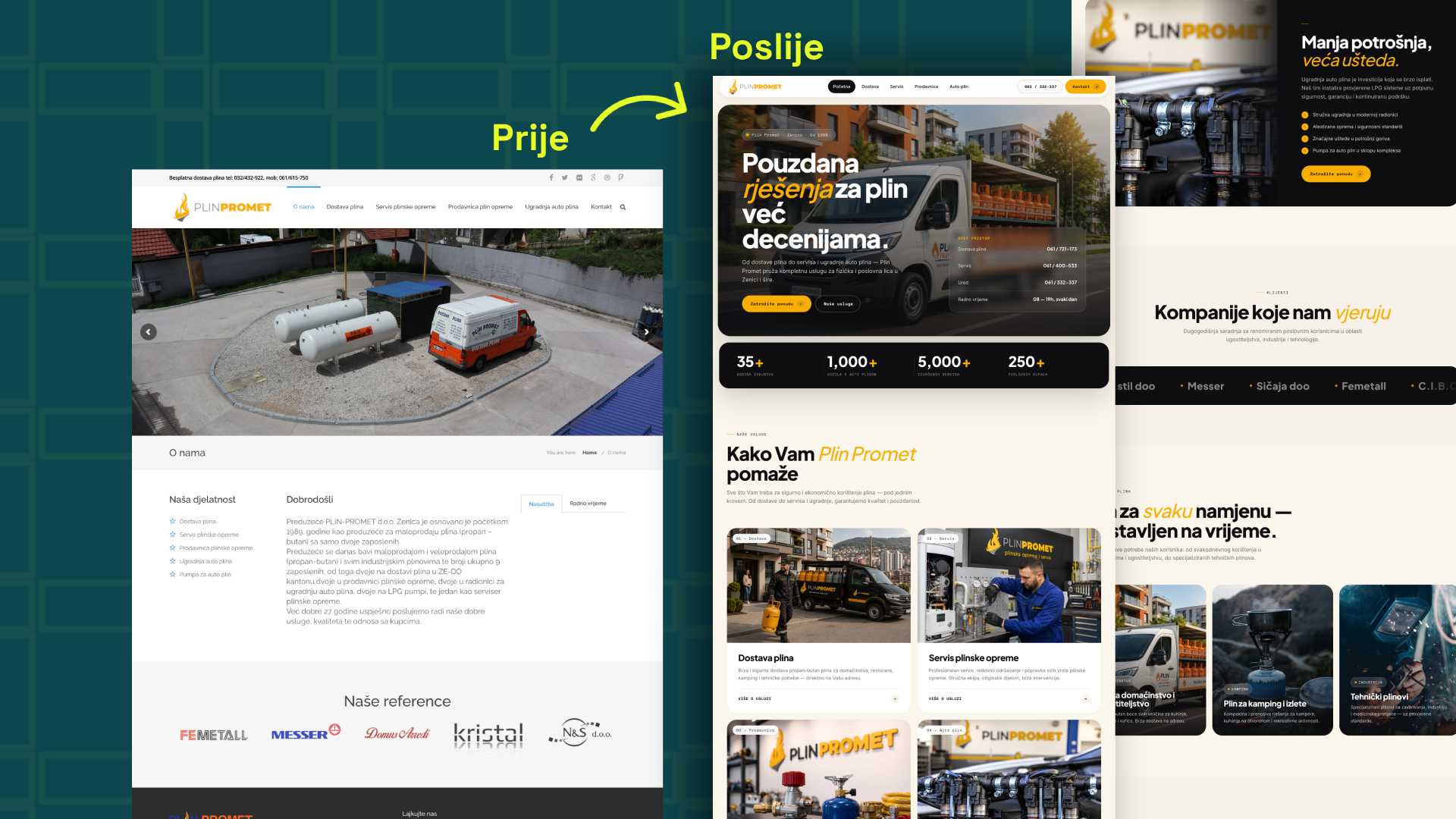 Prikaz Plin promet stranice prije i poslije redizajna
